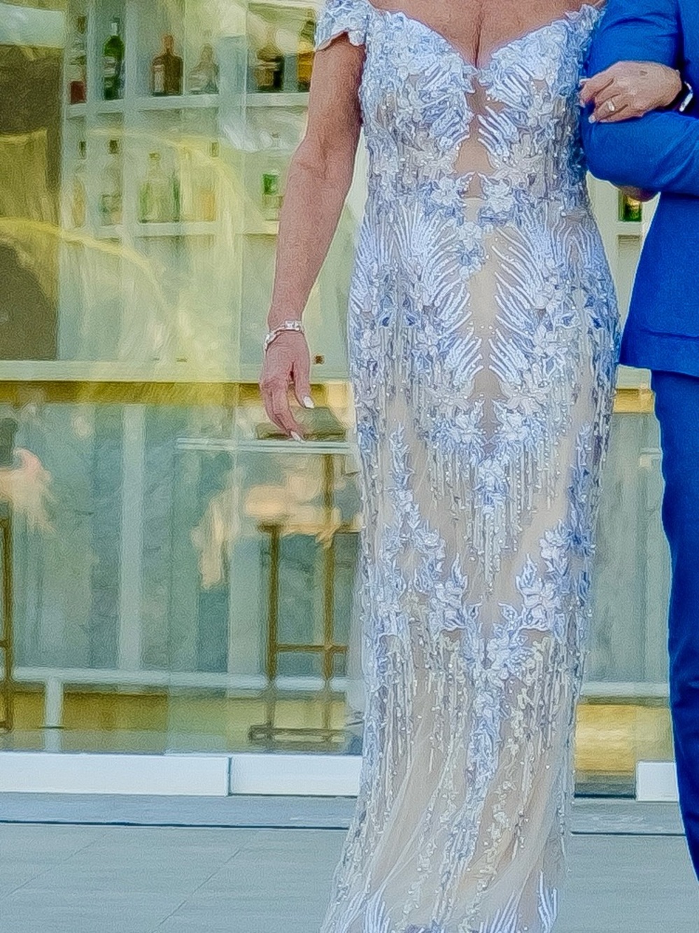 Terani Couture Light Blue Embroidered Off-Shoulder Maxi Gown.   Looks lavender